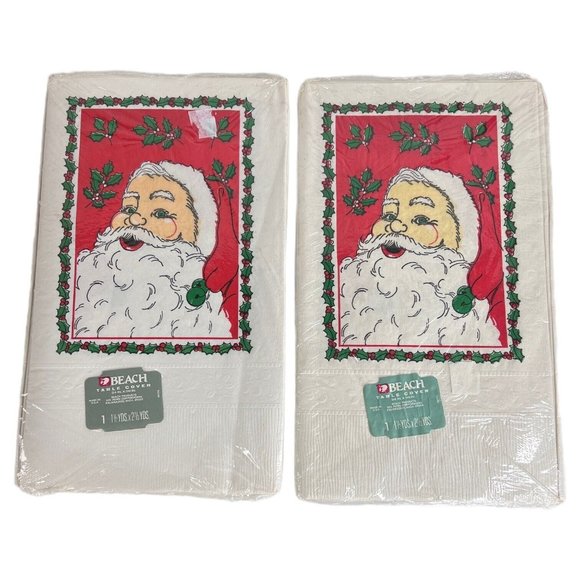 2 Vintage Beach Table Cover Santa Claus Christmas Tablecloth Paper New 54”x96” - Picture 1 of 4